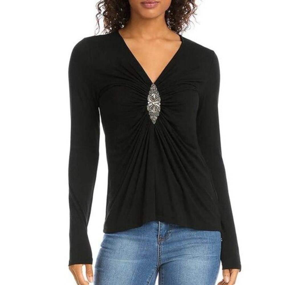 Karen Kane Black Long Sleeve Blouse with Silver Accent